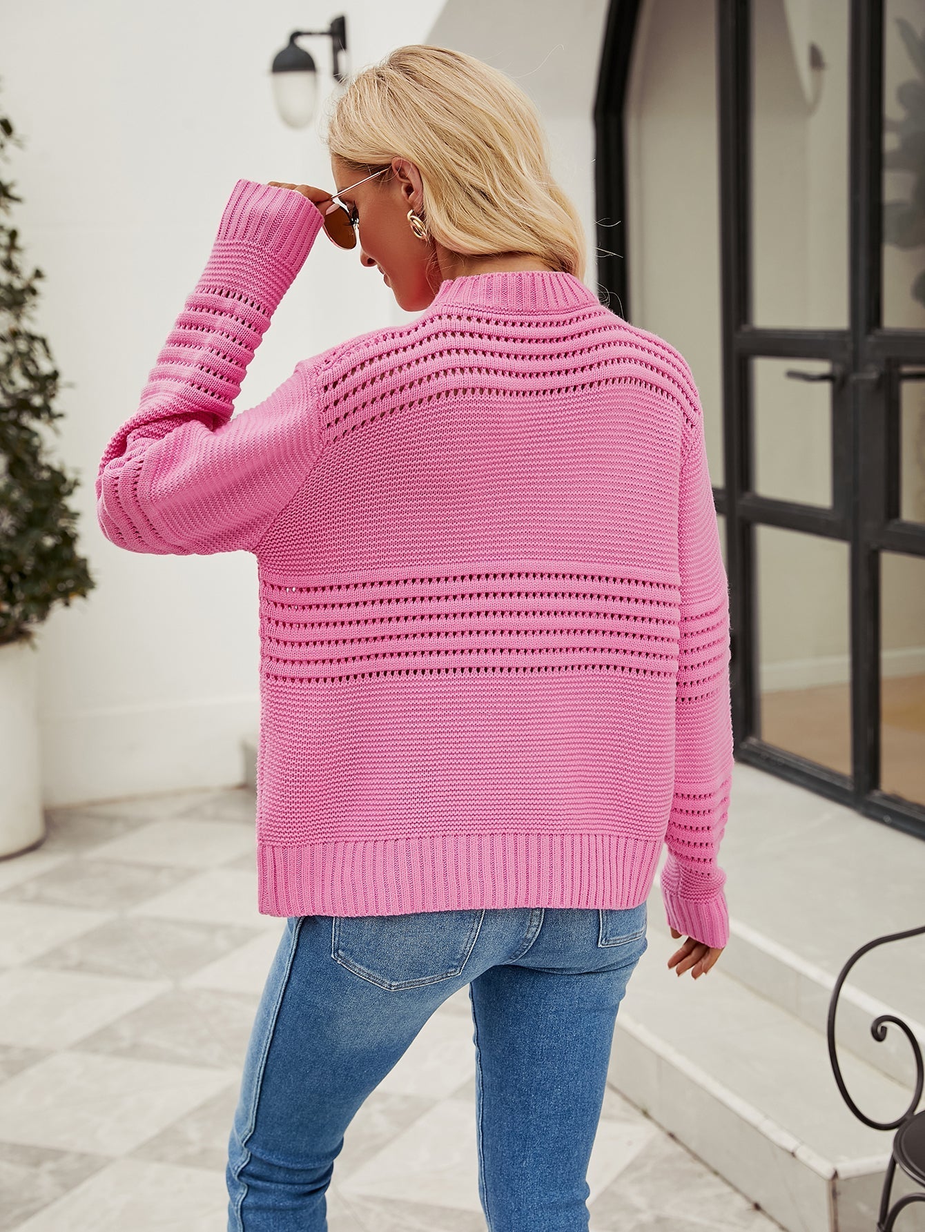 Sweaters- Charming Eyelet Accents Sweater - Women's Round Neck Knitted Pullover- - IndioGear Fashion and Gear