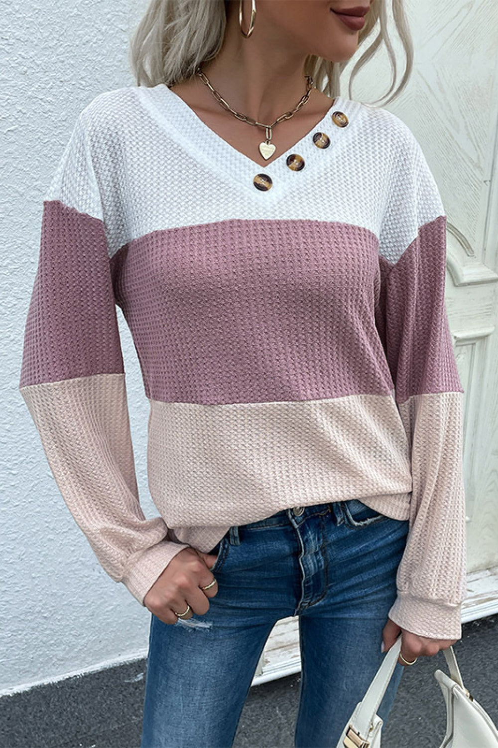 Sweaters- Charming Pastel V Neck Knitwear - Women's Long Sleeve Sweater- - Pekosa Women Clothing