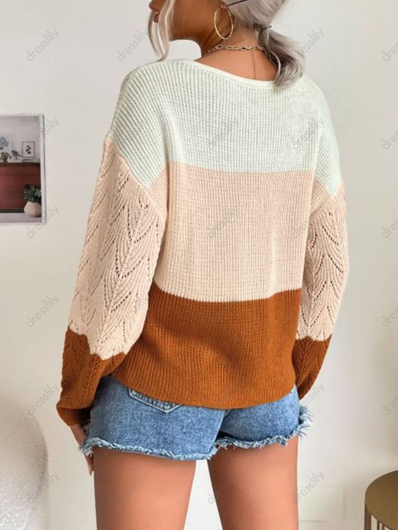 Sweaters- Cotton Openwork Stripe Sweater - Women's Oversized Knitwear- - Pekosa Women Clothing