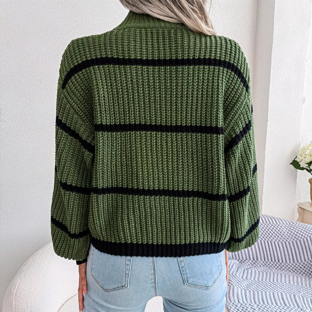 Sweaters- Cozy Chic: Winter's High Neck Stripe Sweater Jumper- - IndioGear Clothing and Gear