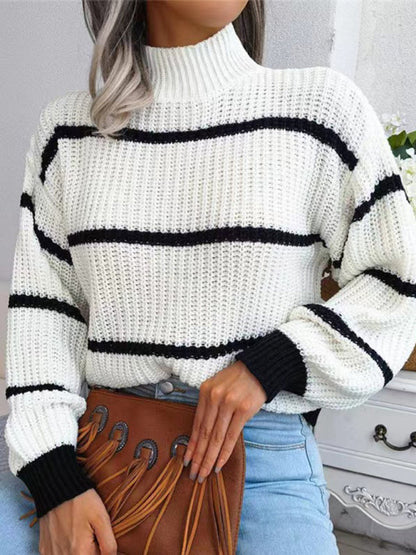 Sweaters- Cozy Chic: Winter's High Neck Stripe Sweater Jumper- - IndioGear Clothing and Gear