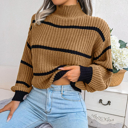 Sweaters- Cozy Chic: Winter's High Neck Stripe Sweater Jumper- - IndioGear Clothing and Gear