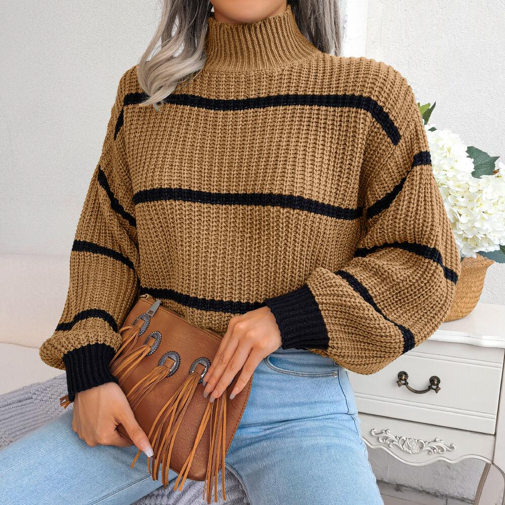 Sweaters- Cozy Chic: Winter's High Neck Stripe Sweater Jumper- - IndioGear Clothing and Gear