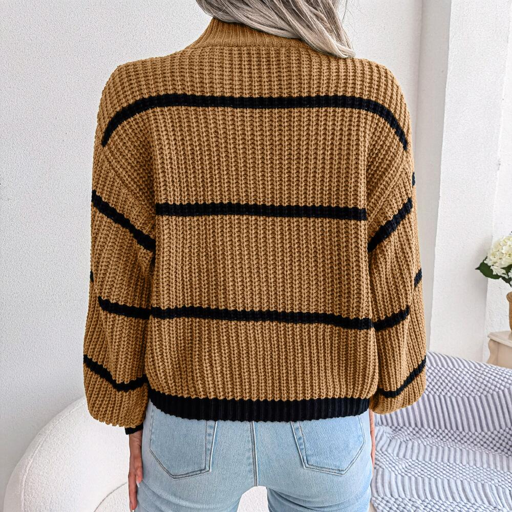 Sweaters- Cozy Chic: Winter's High Neck Stripe Sweater Jumper- - IndioGear Clothing and Gear