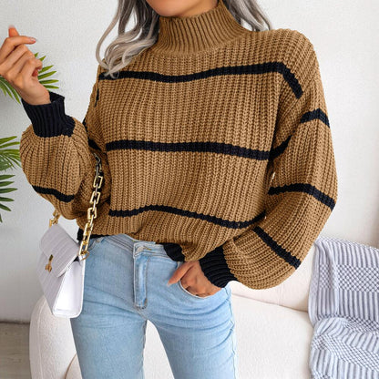 Sweaters- Cozy Chic: Winter's High Neck Stripe Sweater Jumper- - IndioGear Clothing and Gear