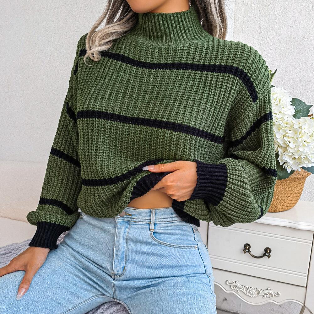 Sweaters- Cozy Chic: Winter's High Neck Stripe Sweater Jumper- - IndioGear Clothing and Gear