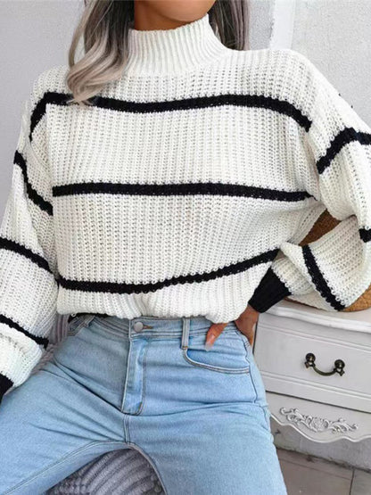 Sweaters- Cozy Chic: Winter's High Neck Stripe Sweater Jumper- - IndioGear Clothing and Gear