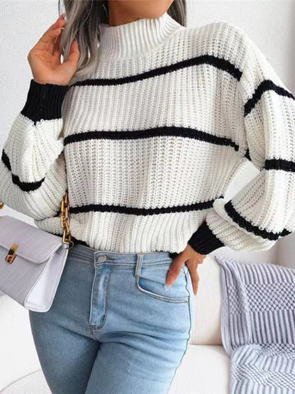 Sweaters- Cozy Chic: Winter's High Neck Stripe Sweater Jumper- - IndioGear Clothing and Gear