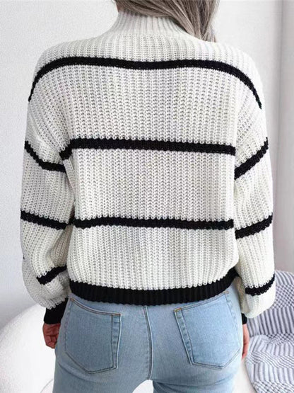 Sweaters- Cozy Chic: Winter's High Neck Stripe Sweater Jumper- - IndioGear Clothing and Gear