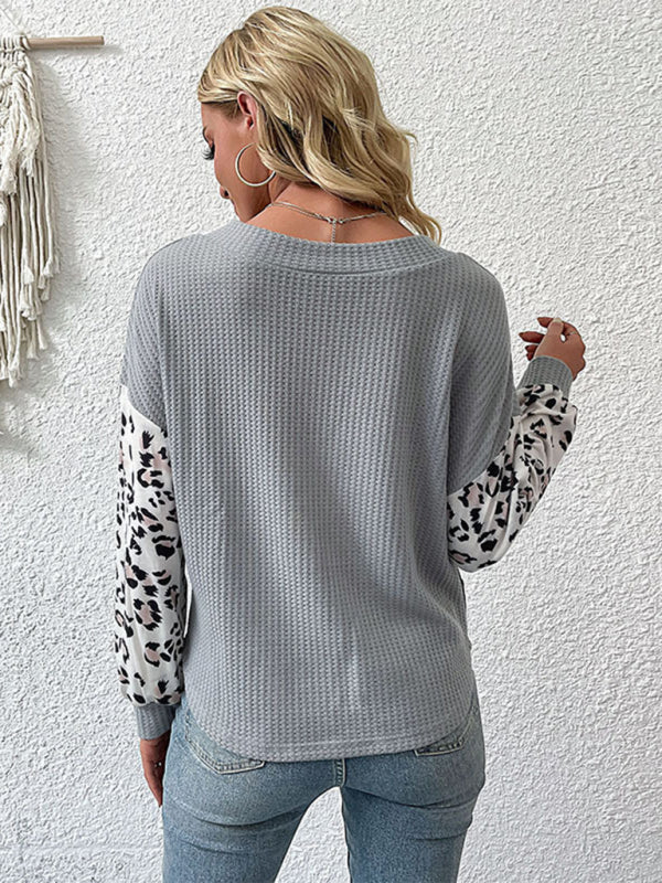 Sweaters- Cozy Knitted V-Neck Sweater in Couture Leopard Patchwork- - IndioGear Fashion and Gear