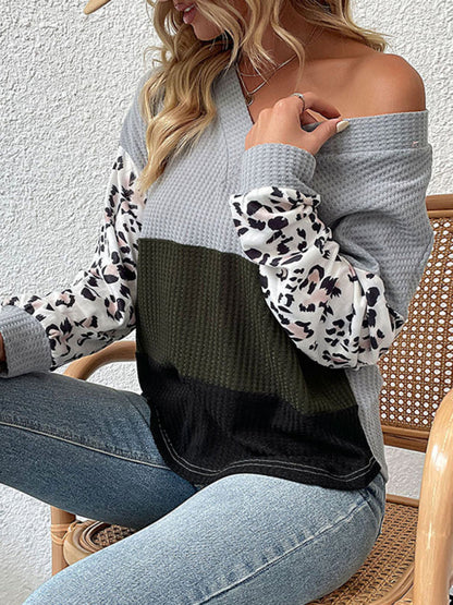 Sweaters- Cozy Knitted V-Neck Sweater in Couture Leopard Patchwork- - IndioGear Fashion and Gear