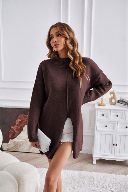 Sweaters- Cozy Knitting High Neck Sweater for Fall- Coffee- IndioGear Clothing and Gear