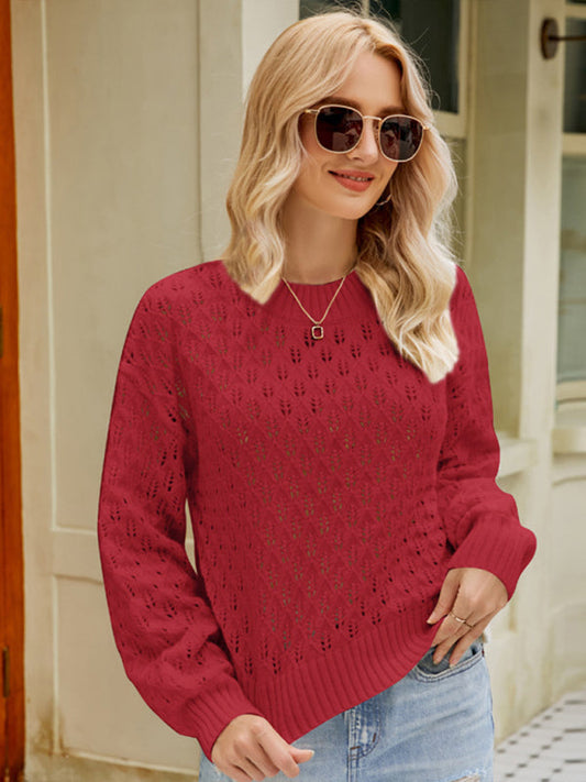 Sweaters- Cozy Oversized Open Knit Sweater - Everyday Chic Knitwear- Red- IndioGear Clothing and Gear