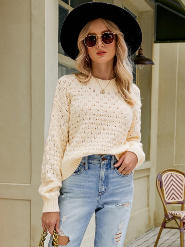 Sweaters- Cozy Oversized Open Knit Sweater - Everyday Chic Knitwear- Cream- IndioGear Clothing and Gear