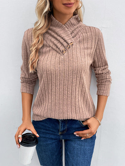 Sweaters- Cozy Ribbed Knit Stand Collar Sweater Top- - IndioGear Clothing and Gear