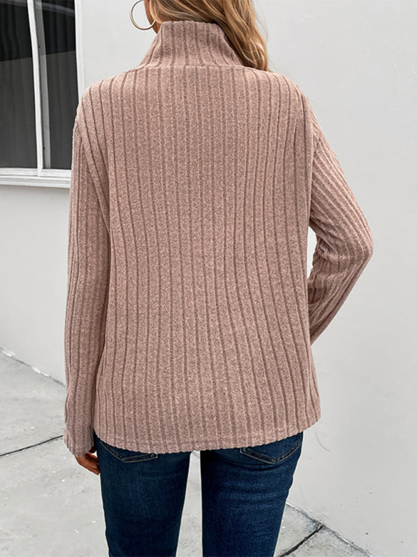 Sweaters- Cozy Ribbed Knit Stand Collar Sweater Top- - IndioGear Clothing and Gear