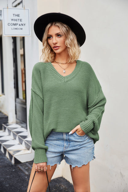 Sweaters- Cozy Slouchy Knit Sweater with Drop Shoulder- Green- IndioGear Clothing and Gear