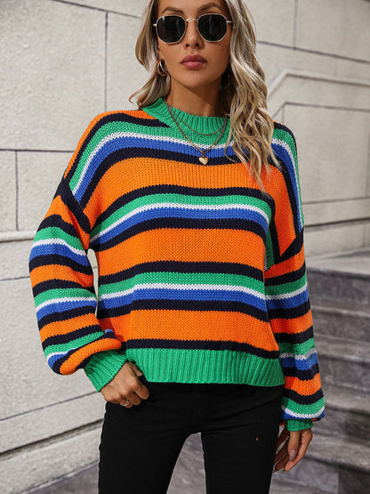 Sweaters- Cozy Up in Stripes: Oversized Knit Jumper Sweater- Green- IndioGear Clothing and Gear