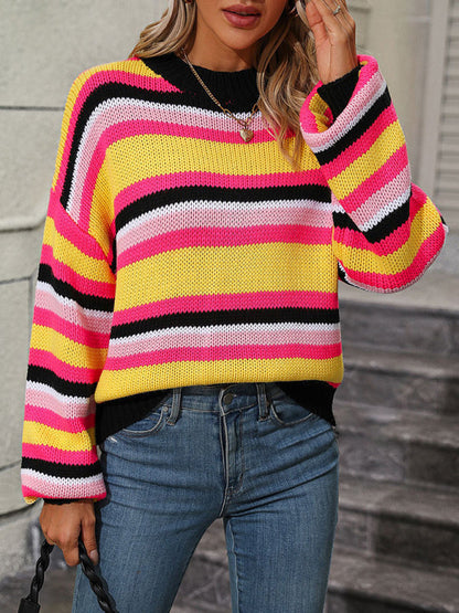 Sweaters- Cozy Up in Stripes: Oversized Knit Jumper Sweater- - IndioGear Clothing and Gear