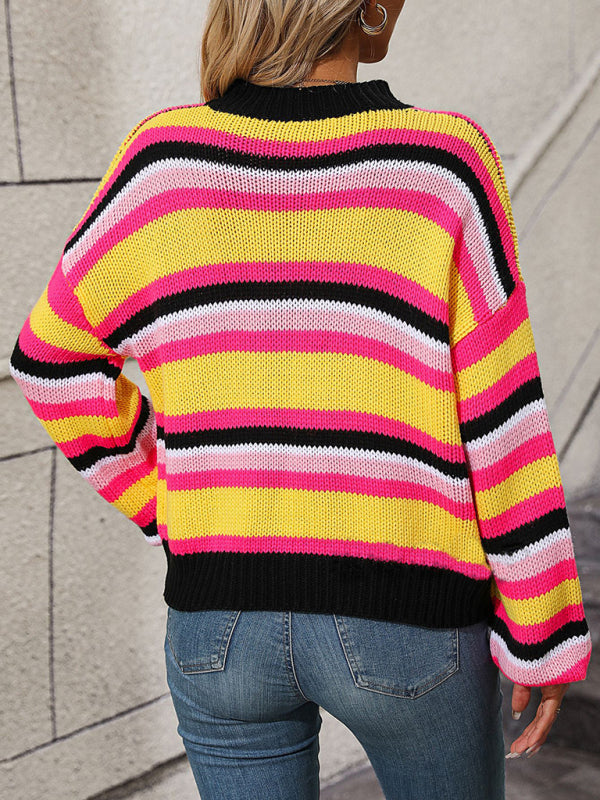 Sweaters- Cozy Up in Stripes: Oversized Knit Jumper Sweater- - IndioGear Clothing and Gear