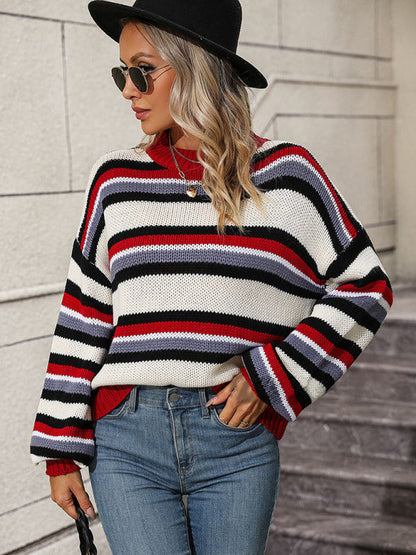 Sweaters- Cozy Up in Stripes: Oversized Knit Jumper Sweater- - IndioGear Clothing and Gear