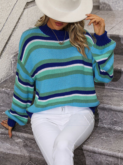 Sweaters- Cozy Up in Stripes: Oversized Knit Jumper Sweater- - IndioGear Clothing and Gear