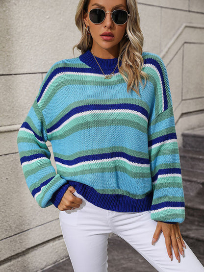 Sweaters- Cozy Up in Stripes: Oversized Knit Jumper Sweater- - IndioGear Clothing and Gear