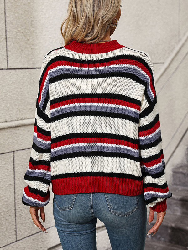 Sweaters- Cozy Up in Stripes: Oversized Knit Jumper Sweater- - IndioGear Clothing and Gear