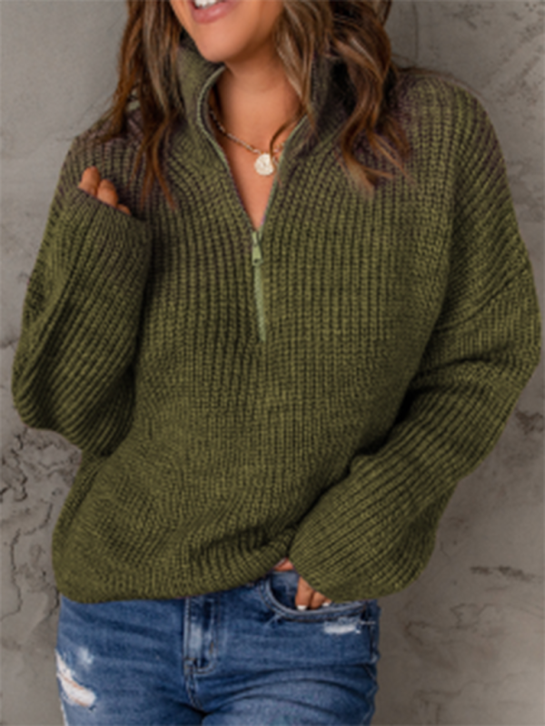 Sweaters- Cozy Waffle Knit Half Zip-Up Oversized Sweater- - IndioGear Fashion and Gear