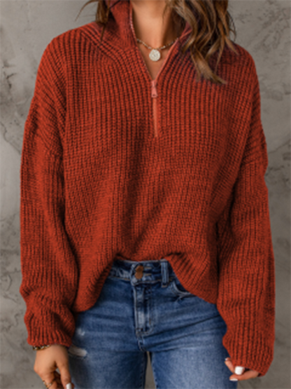 Sweaters- Cozy Waffle Knit Half Zip-Up Oversized Sweater- Red- IndioGear Fashion and Gear