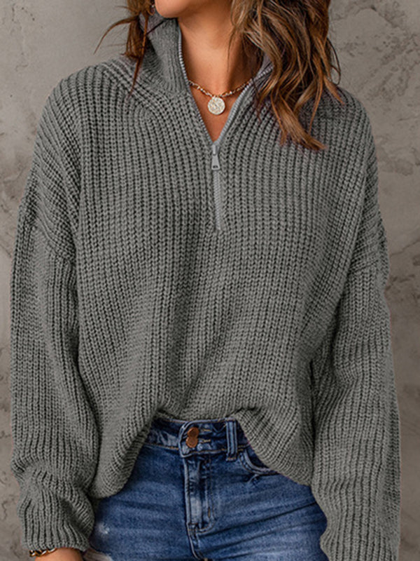 Sweaters- Cozy Waffle Knit Half Zip-Up Oversized Sweater- Grey- IndioGear Fashion and Gear