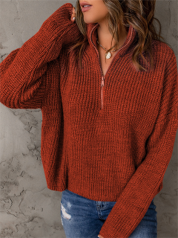 Sweaters- Cozy Waffle Knit Half Zip-Up Oversized Sweater- - IndioGear Fashion and Gear