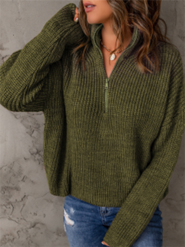 Sweaters- Cozy Waffle Knit Half Zip-Up Oversized Sweater- - IndioGear Fashion and Gear