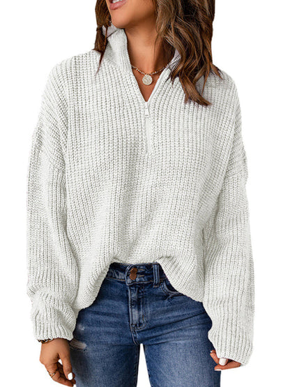 Sweaters- Cozy Waffle Knit Half Zip-Up Oversized Sweater- White- IndioGear Fashion and Gear