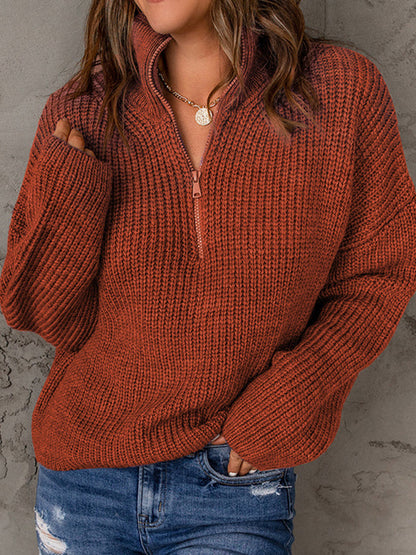 Sweaters- Cozy Waffle Knit Half Zip-Up Oversized Sweater- - IndioGear Fashion and Gear