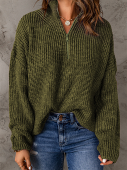 Sweaters- Cozy Waffle Knit Half Zip-Up Oversized Sweater- Green- IndioGear Fashion and Gear