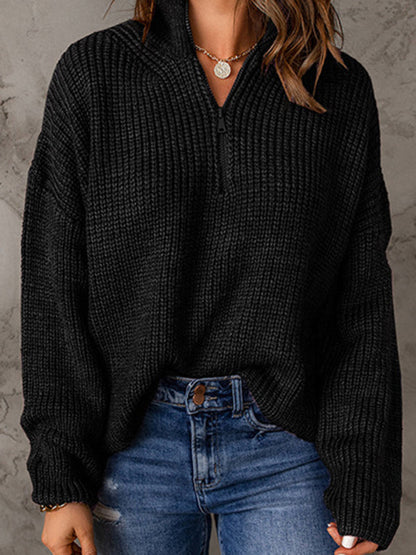 Sweaters- Cozy Waffle Knit Half Zip-Up Oversized Sweater- Black- IndioGear Fashion and Gear