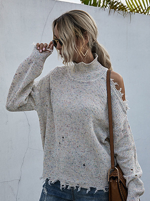 Sweaters- Distressed Knit Cold Shoulder High Neck Sweater- - IndioGear Fashion and Gear