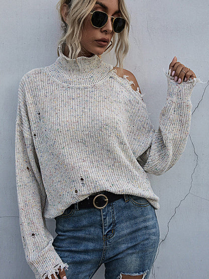 Sweaters- Distressed Knit Cold Shoulder High Neck Sweater- Grey- IndioGear Fashion and Gear