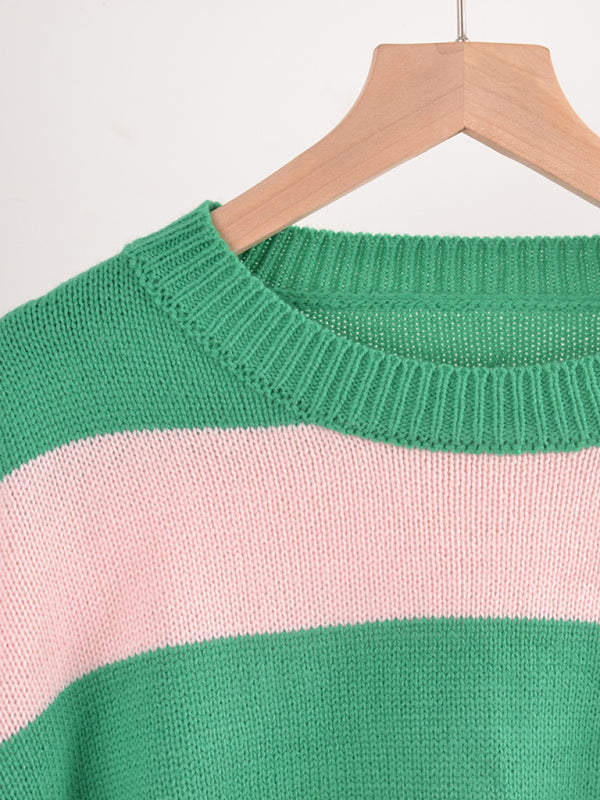 Sweaters-Drop Shoulder Striped Sweater | Casual Knit Jumper-Pekosa Women Clothing