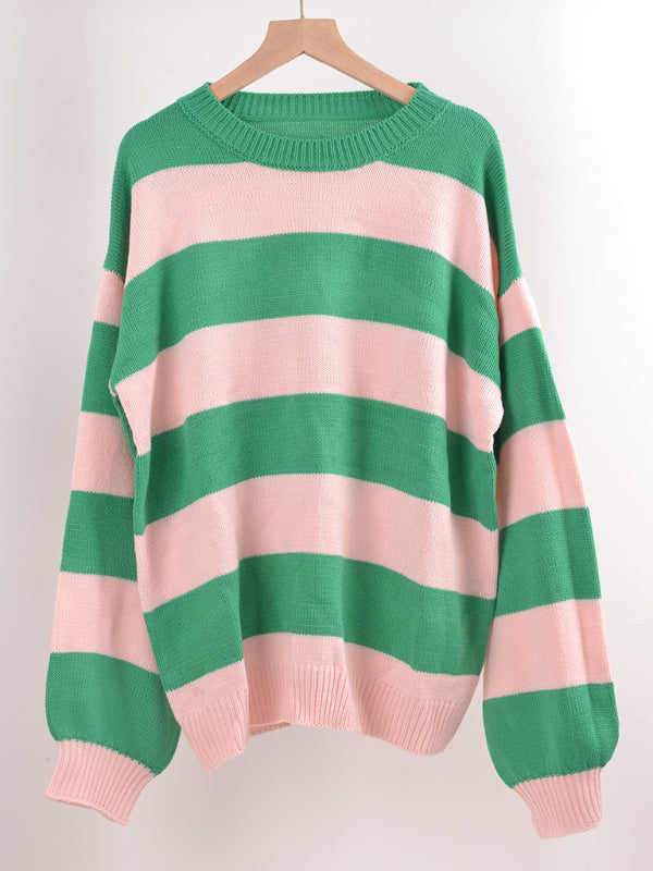 Sweaters-Drop Shoulder Striped Sweater | Casual Knit Jumper-Pekosa Women Clothing