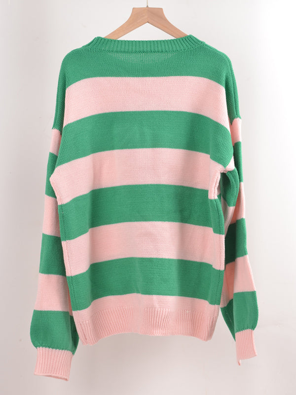 Sweaters-Drop Shoulder Striped Sweater | Casual Knit Jumper-Pekosa Women Clothing