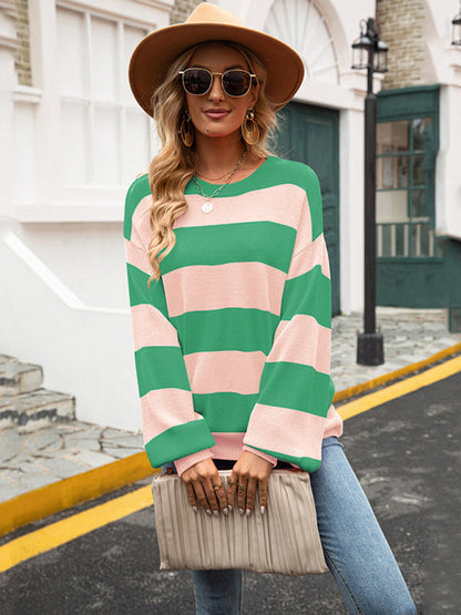 Sweaters-Drop Shoulder Striped Sweater | Casual Knit Jumper-Pekosa Women Clothing