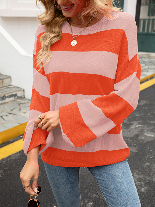 Sweaters-Drop Shoulder Striped Sweater | Casual Knit Jumper-Pekosa Women Clothing