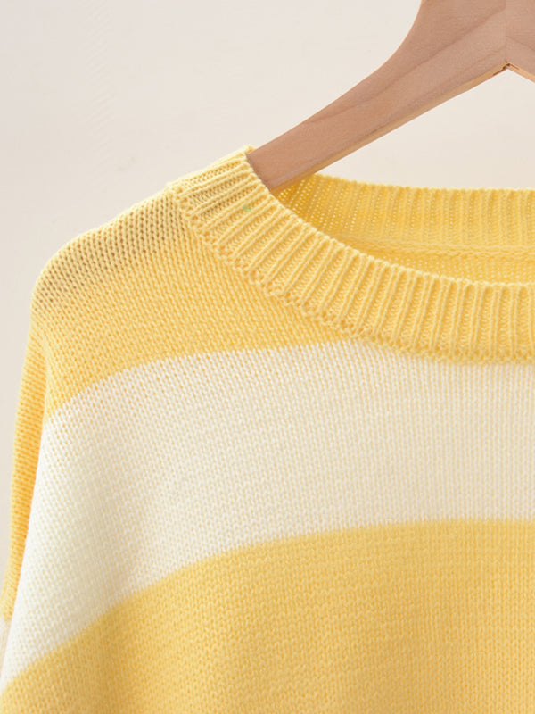 Sweaters-Drop Shoulder Striped Sweater | Casual Knit Jumper-Pekosa Women Clothing