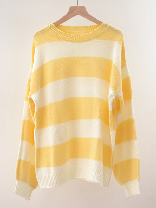 Sweaters-Drop Shoulder Striped Sweater | Casual Knit Jumper-Pekosa Women Clothing