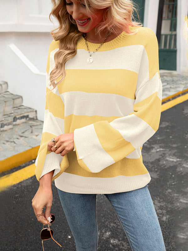 Sweaters-Drop Shoulder Striped Sweater | Casual Knit Jumper-Pekosa Women Clothing