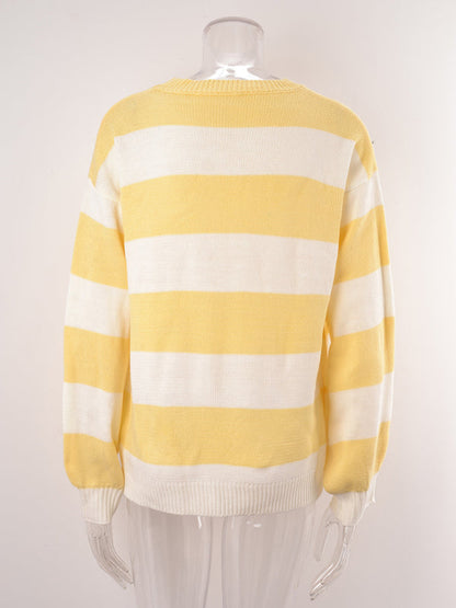 Sweaters-Drop Shoulder Striped Sweater | Casual Knit Jumper-Pekosa Women Clothing