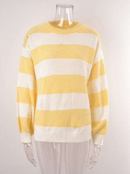 Sweaters-Drop Shoulder Striped Sweater | Casual Knit Jumper-Pekosa Women Clothing