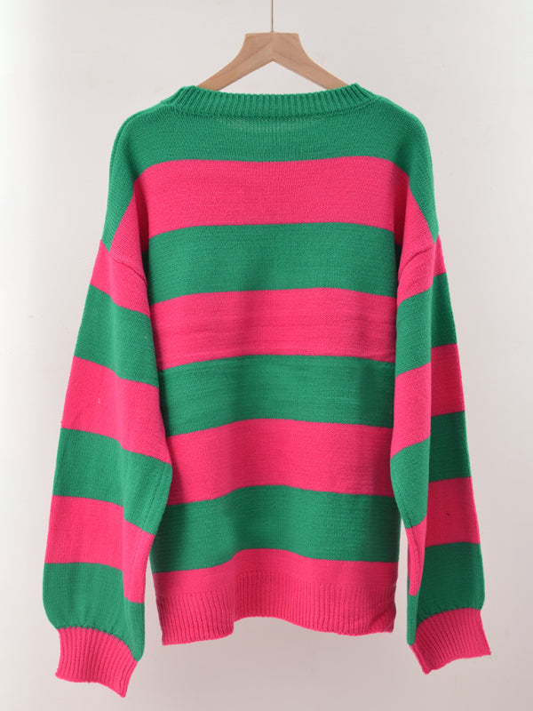 Sweaters-Drop Shoulder Striped Sweater | Casual Knit Jumper-Pekosa Women Clothing